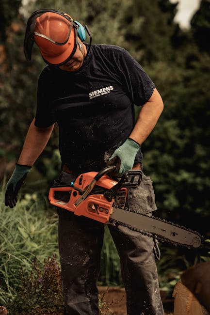 A gardener wearing safety gear, including a brown protective helmet with a clear visor, is operating an orange chainsaw to trim a tree or shrub in a garden. He is dressed in a black Siemens t-shirt, c